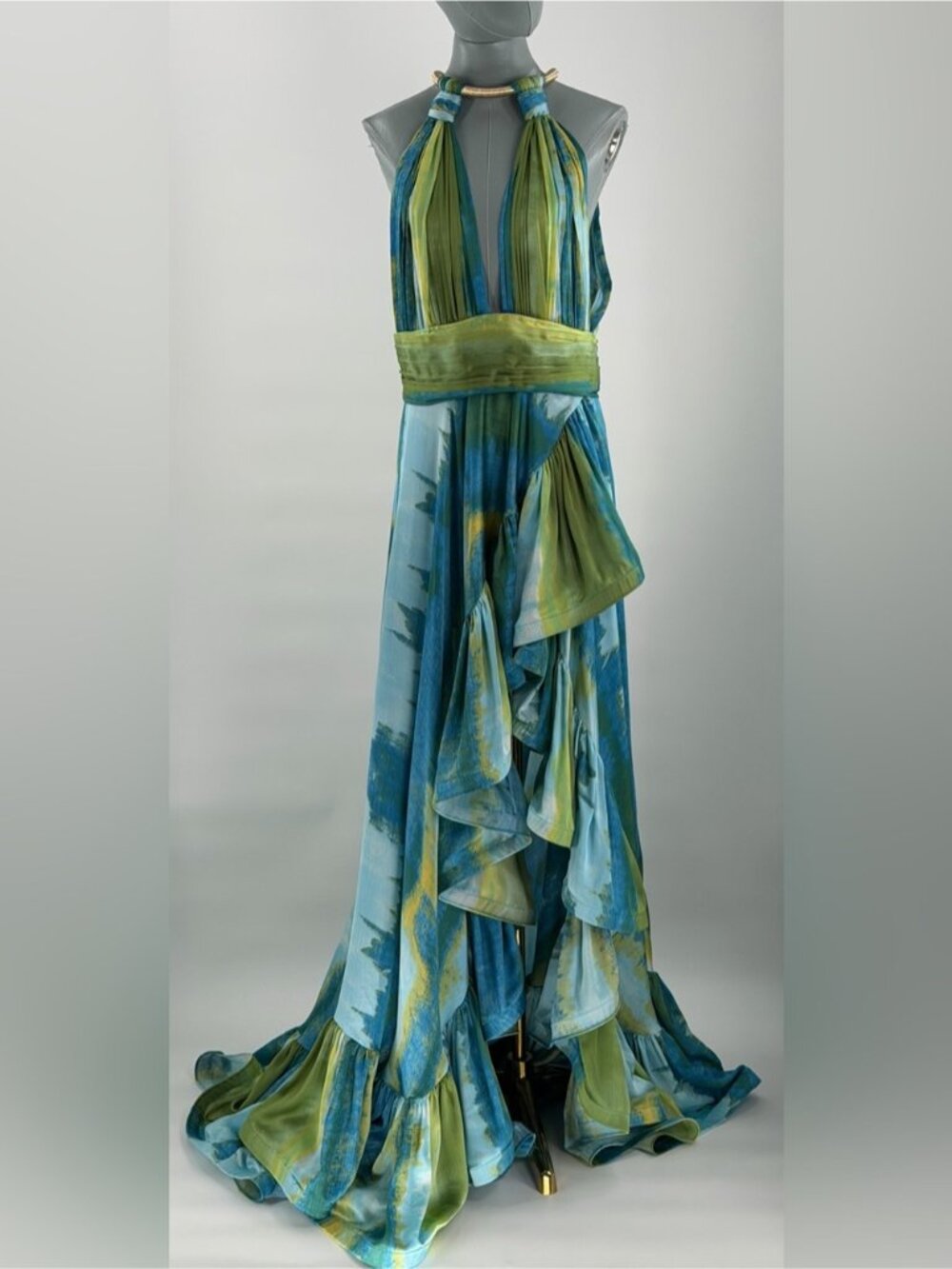 🆕 BRONX & BANCO 🧿 NWOT Palma Coastal Ruffle Hi-Low Gown, Blue Green, Sz L US 8 - Picture 12 of 16